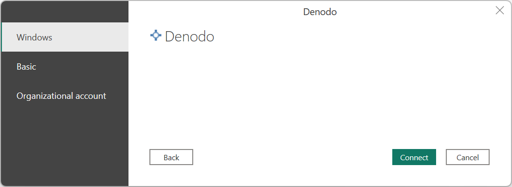 Screenshot of the Denodo Windows authentication in Power BI Desktop.