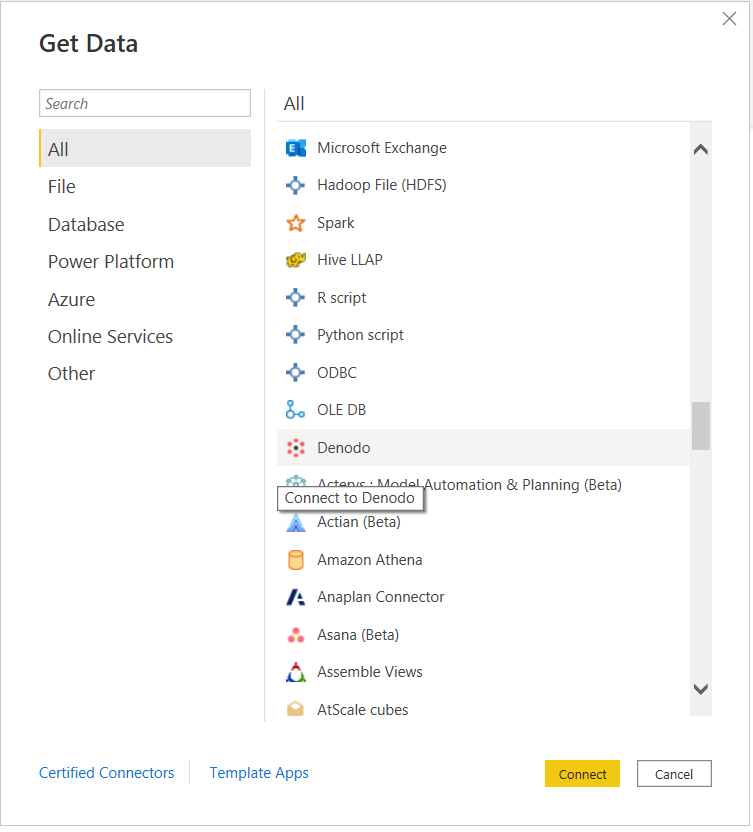 Screenshot of the Denodo connector in Power Query Desktop.