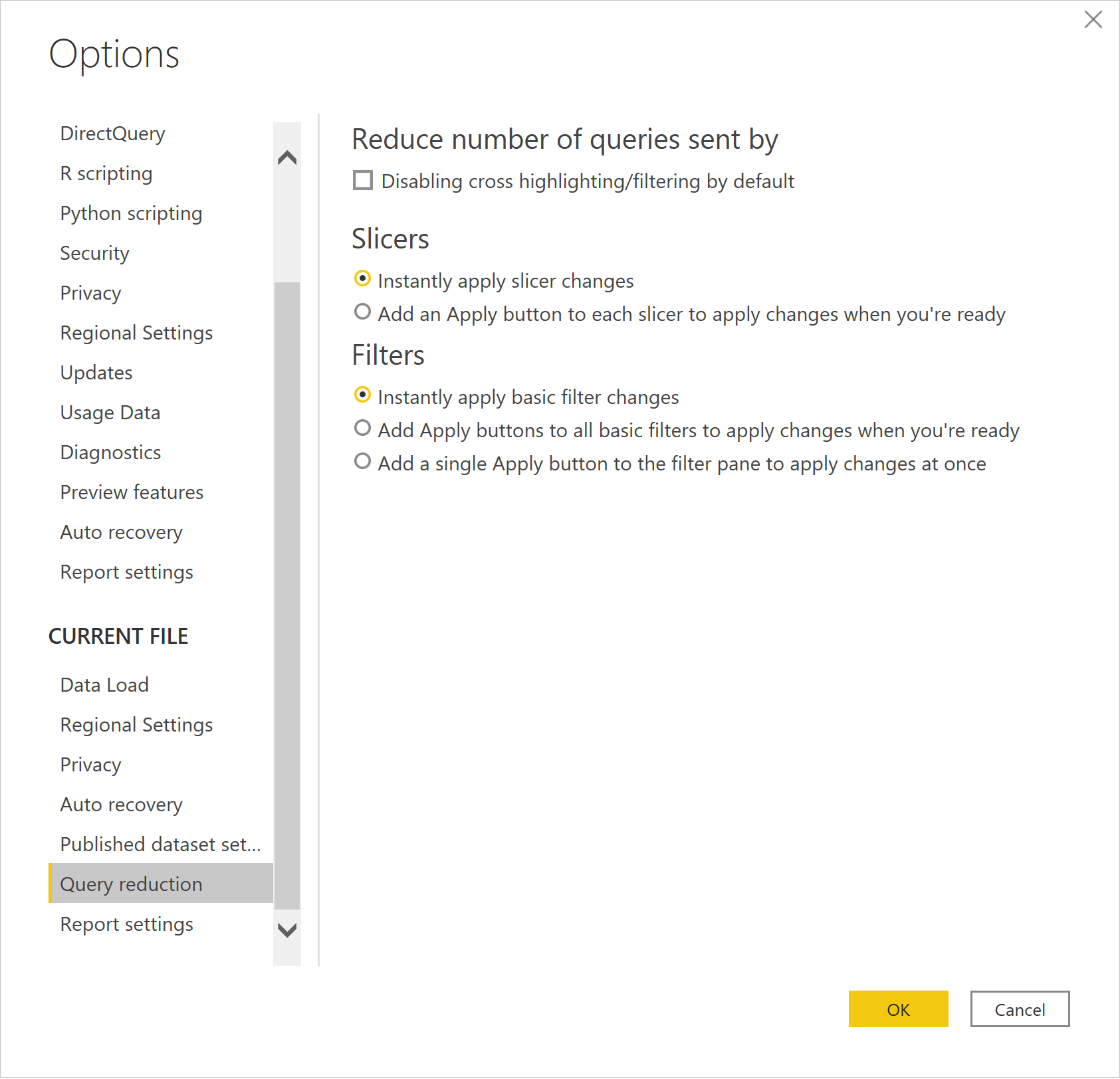 Screenshot of the Power BI Desktop options dialog, with the Query reduction options selected.