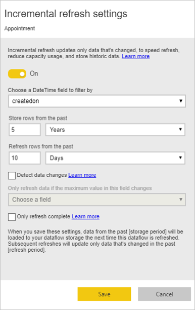 Screenshot of the incremental refresh setting dialog for dataflows.
