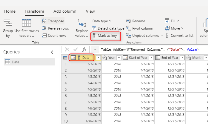 Screenshot of the Power Query transform tab with the Mark as key option and the key icon in the table's date column emphasized.