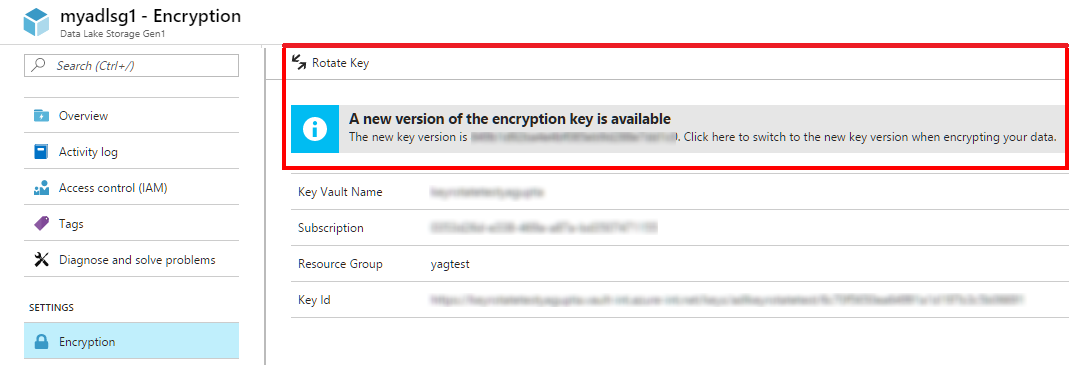 Screenshot of Data Lake Storage Gen1 window with message and Rotate Key highlighted