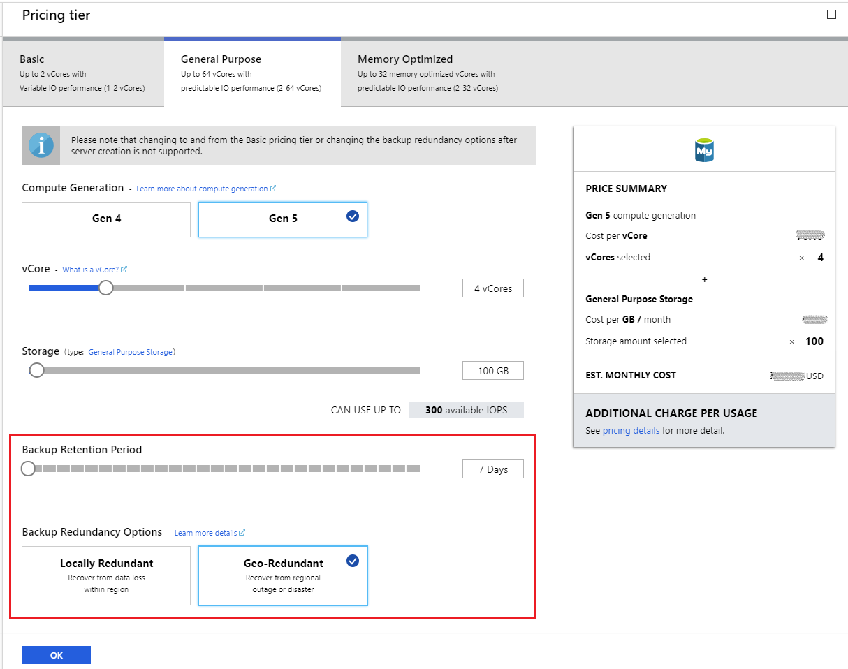 Pricing Tier - Choose Backup Redundancy