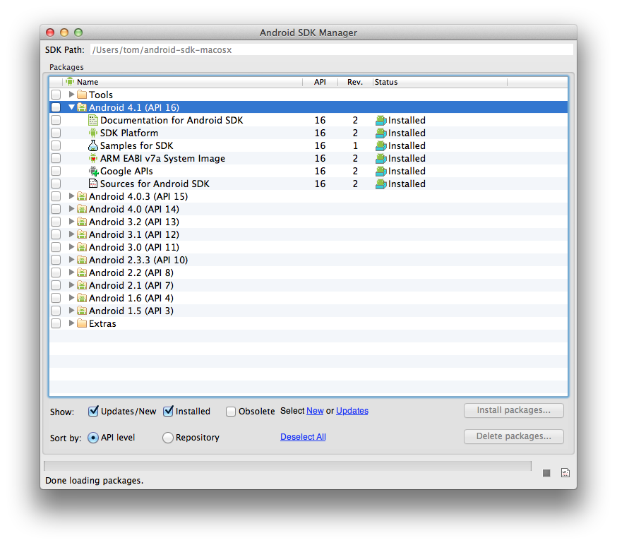 Selecting Android 4.1 in the Android SDK Manager