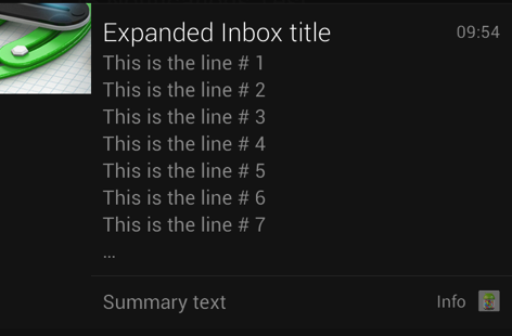 Example screenshot of a Notification.InboxStyle notification