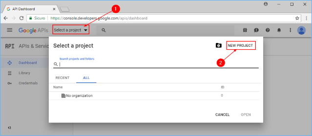 Google Developer Console CREATE PROJECT button