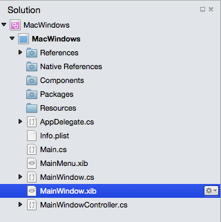 Selecting the MainWindow.xib file Selecting the MainWindow.xib file