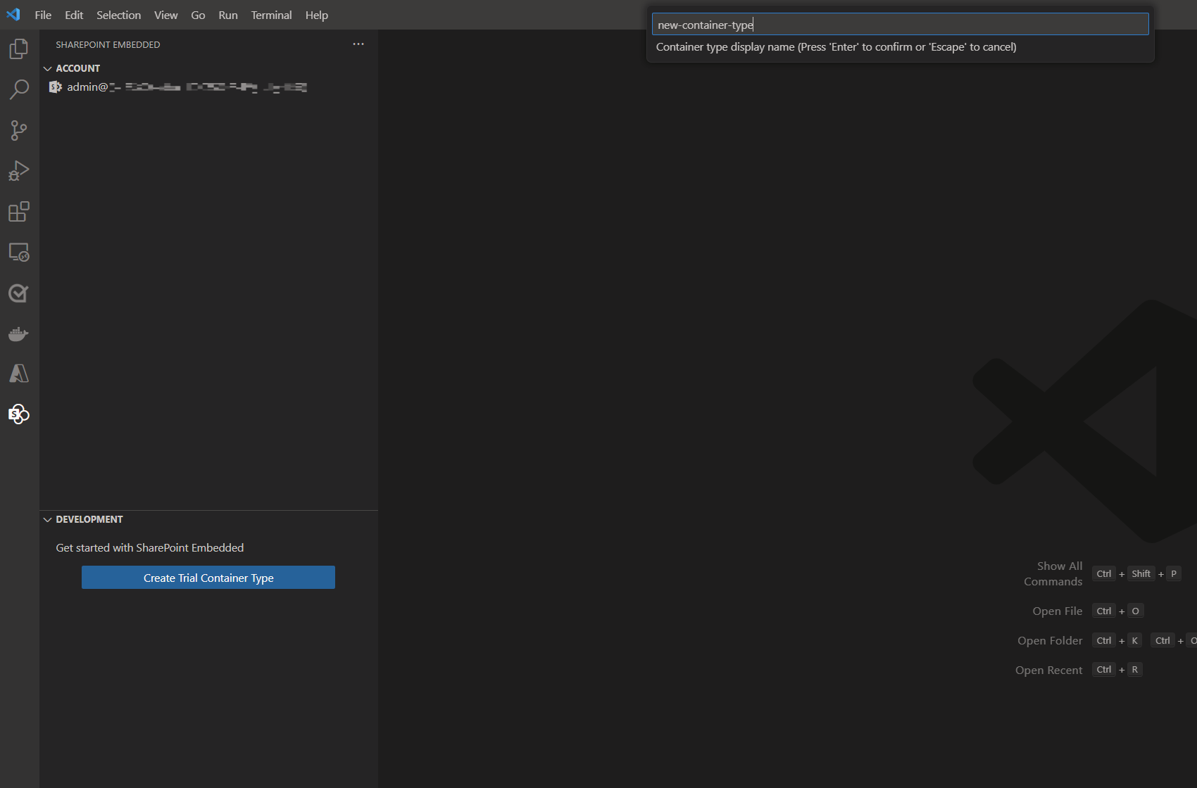 Screenshot of the Visual Studio Code input box prompting for a container type name during the Create Container Type flow.
