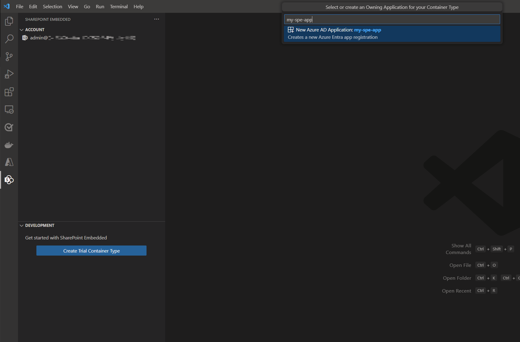 Screenshot of the Visual Studio Code input box prompting for a Microsoft Entra ID application name while creating the owning app for the container type.