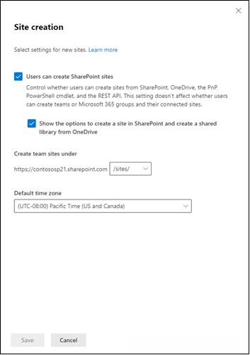 Site creation settings in the SharePoint admin center