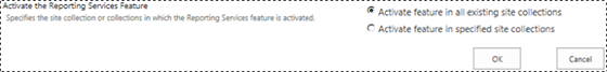 Screenshot of the Activate the Reporting Services feature selection.