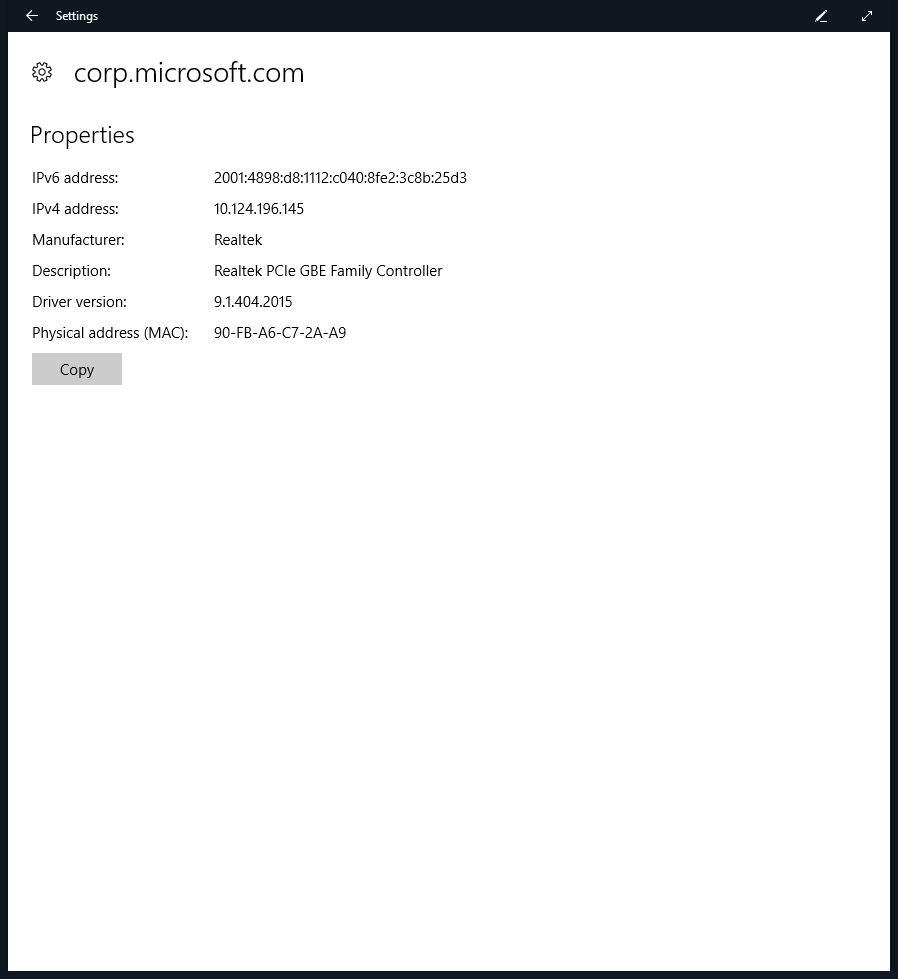 Image showing properties for ethernet connection.