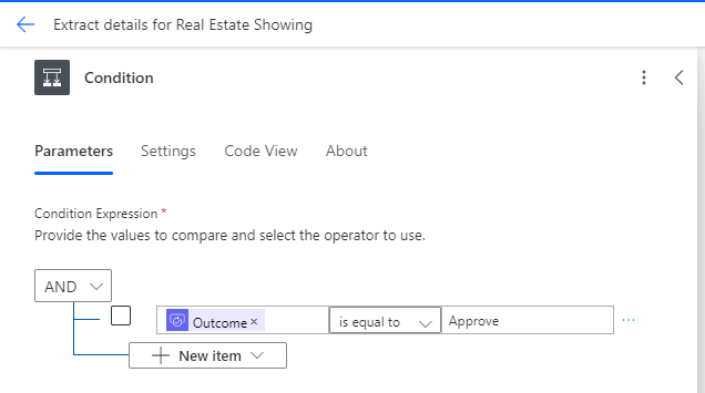 Screenshot of the Condition action with the Outcome value.