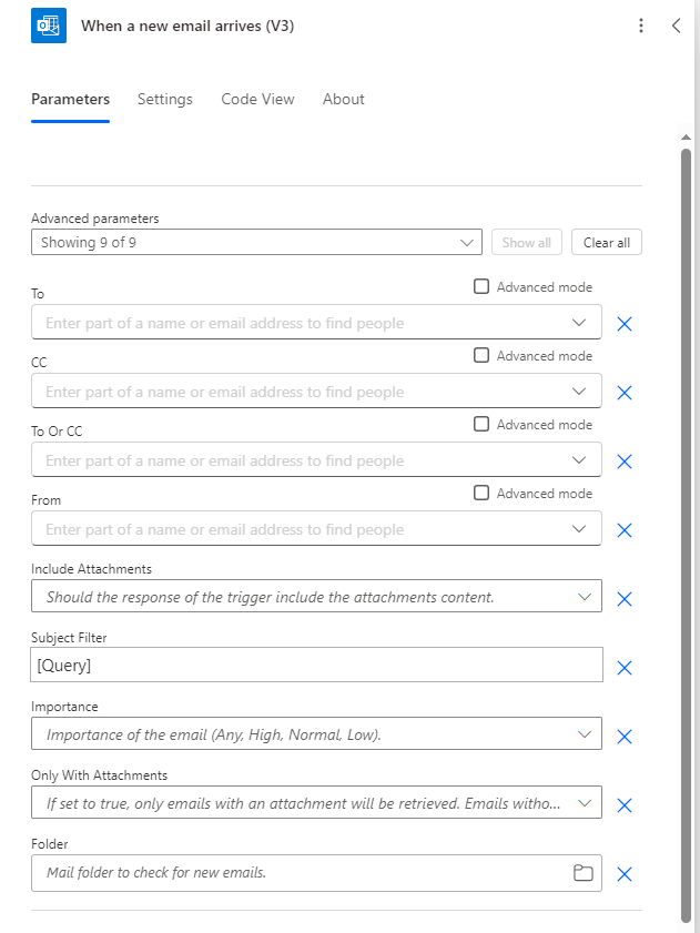 Screenshot of the When a new email arrives trigger with the Subject Filter property highlighted.
