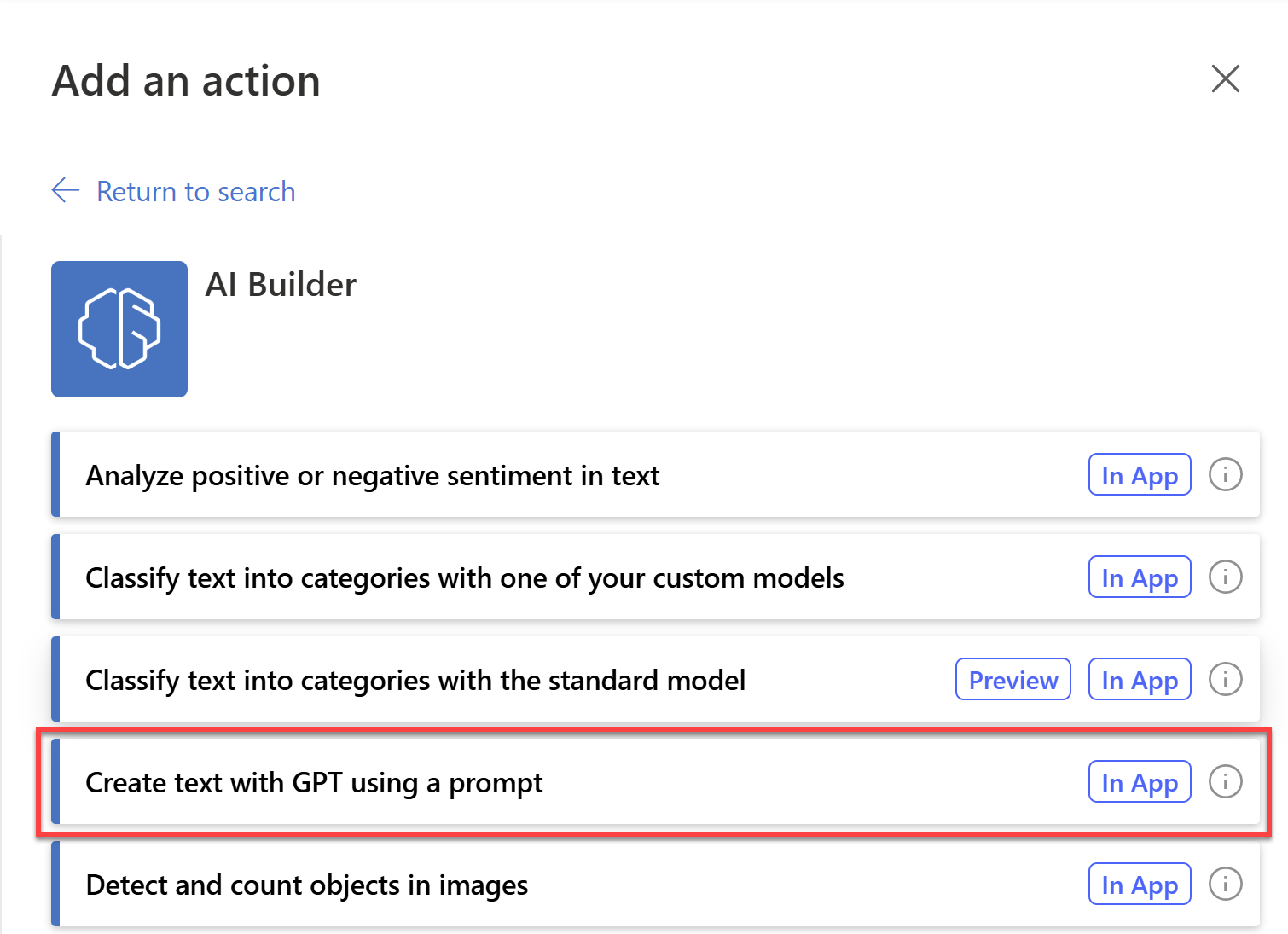 Screenshot of the Create text with GPT action in Power Automate.