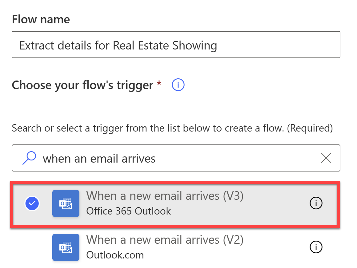 Screenshot of the flow name and the Office 365 Outlook trigger.