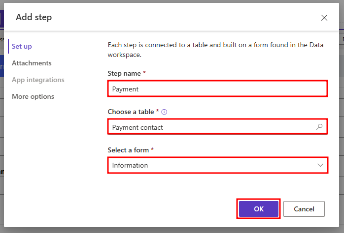Screenshot of the Add step window for the payment step.