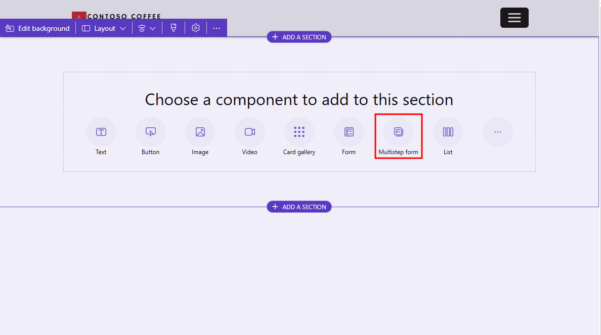 Screenshot of the Power Pages design studio with the Multistep form option highlighted.