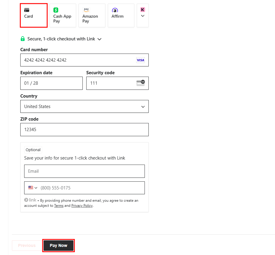 Screenshot of the Payment step of the form filled out.