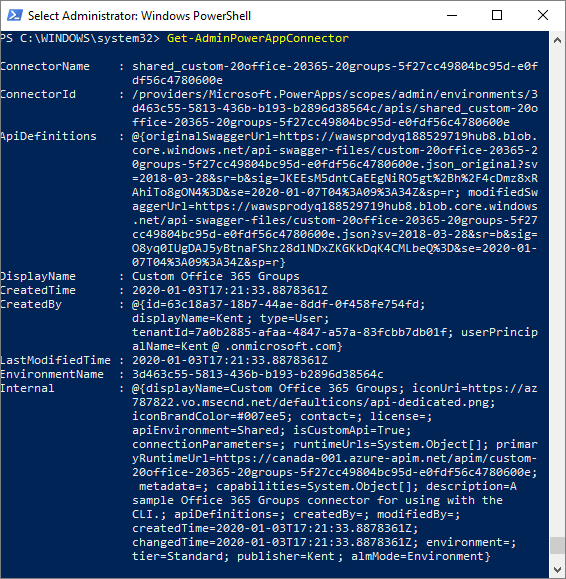 Screenshot of Windows PowerShell showing tenant custom connectors.