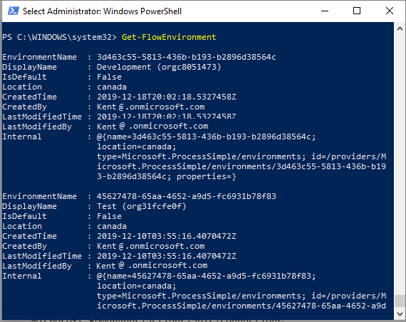 Screenshot of Windows PowerShell showing tenant environments.