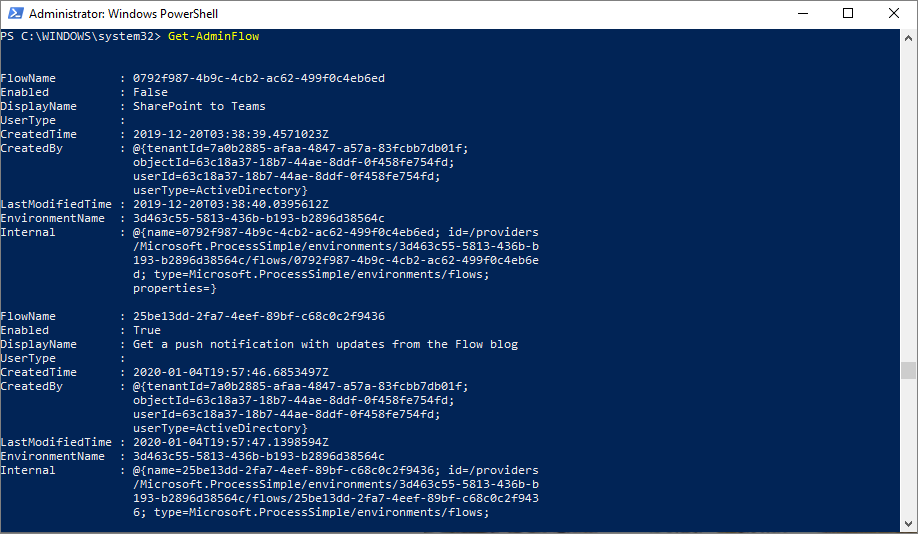 Screenshot of Windows PowerShell showing a list of all flows.