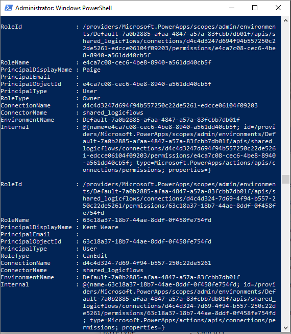 Screenshot of Windows PowerShell showing role assignment owners.