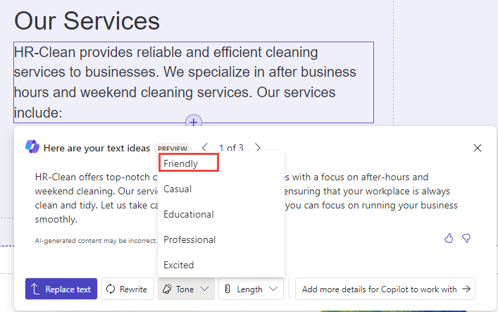 Screenshot of the Tone dropdown menu and the Friendly option selected.