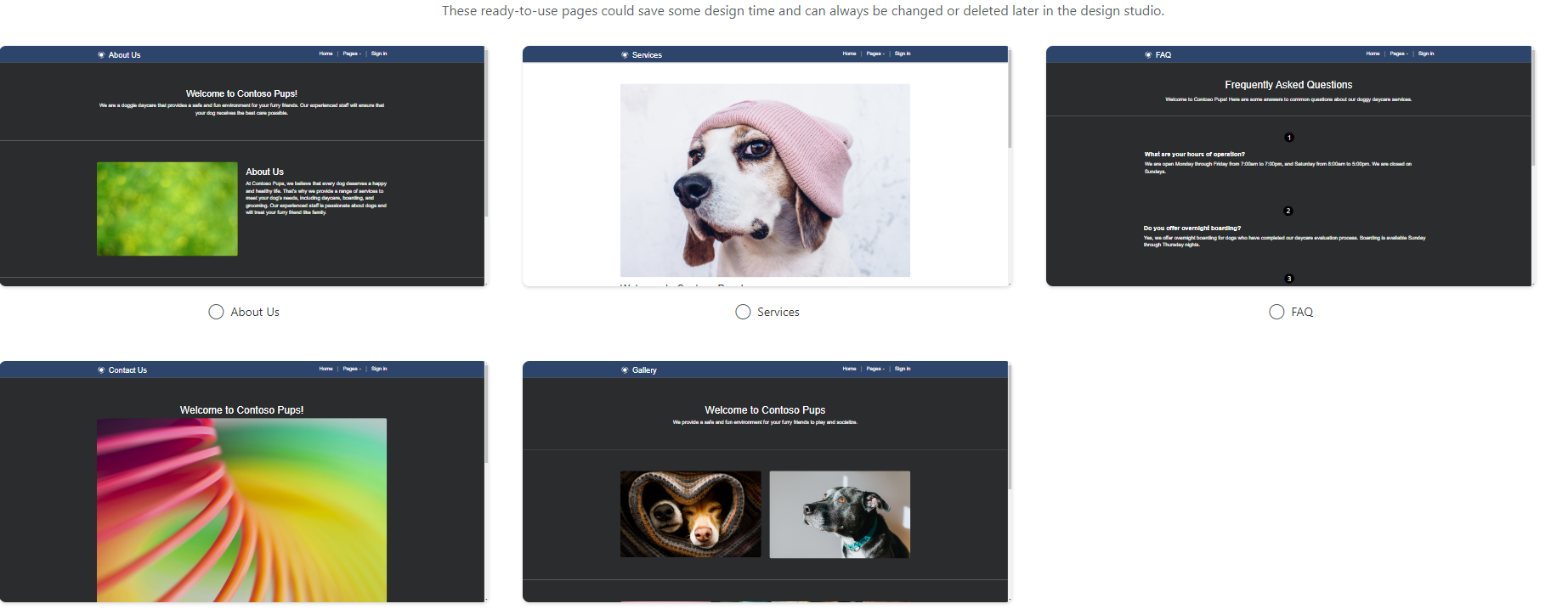 Screenshot of a list of pages that you can add to the site.