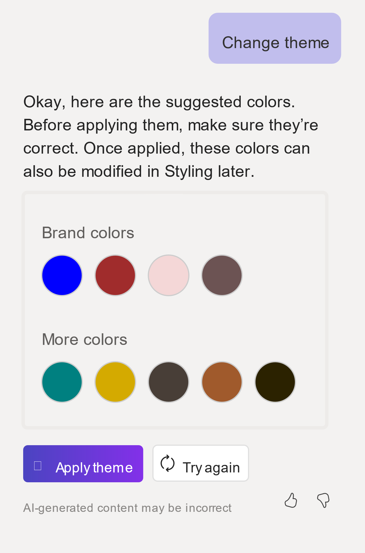 Screenshot of the Copilot prompt with available theme colors.