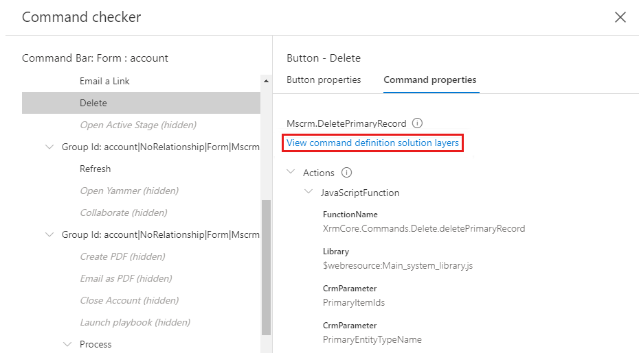 Screenshot of the View command definition solution layers link below a command name.