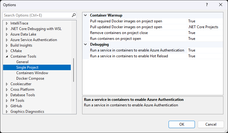 Visual Studio Container Tools options, showing: Kill containers on project close, Pull required Docker images on project open, Run containers on project open, Run a service in containers to enable Azure Authentication, and Run a service in containers to enable Hot Reload.