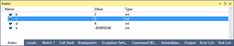 Screenshot of the Autos window, with the line highlighted that shows the int c with a value of 3.