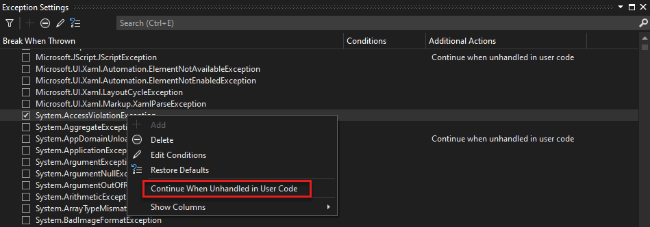 Continue-When-Unhandled-In-User-Code-Setting Screenshot of Continue when unhandled in user code setting.