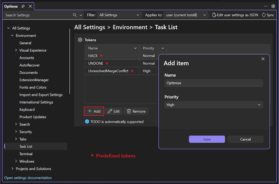 Screenshot that shows how to add tokens for the Task List in Visual Studio.