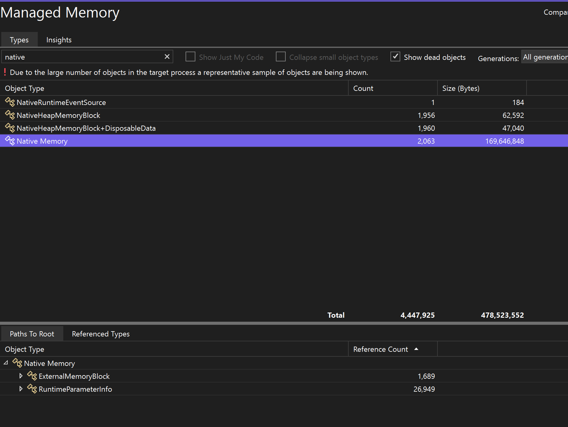 native insight view in the Memory Usage tool Screenshot of the native insight view in the Memory Usage tool.