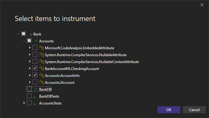 Screenshot showing Select items to instrument dialog. Screenshot showing Select items to instrument dialog.