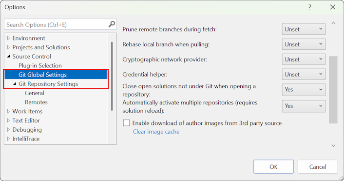 Screenshot of the Options dialog showing the sections available under Source Control.