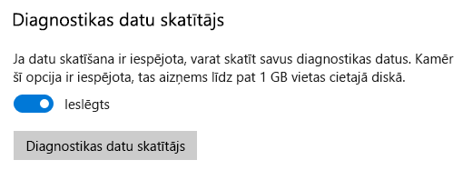 Atrašanās vieta, kur ieslēgt opciju Diagnostikas datu skatītājs.