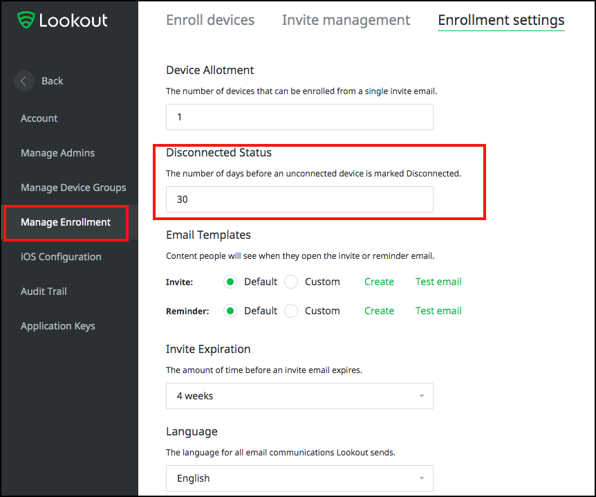 Lookout enrollment settings on the System module