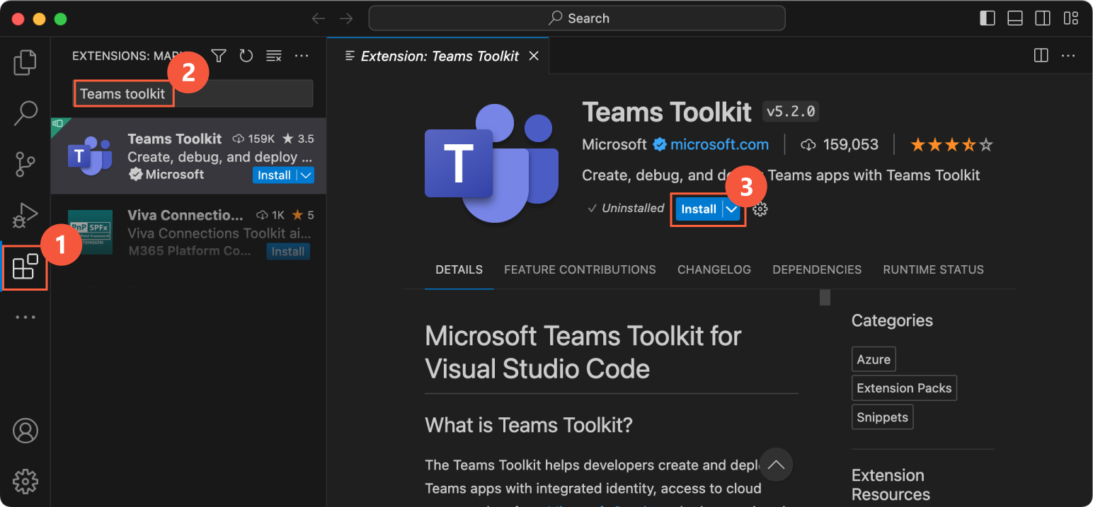 A screenshot of VS Code that shows how to install Teams Toolkit extension