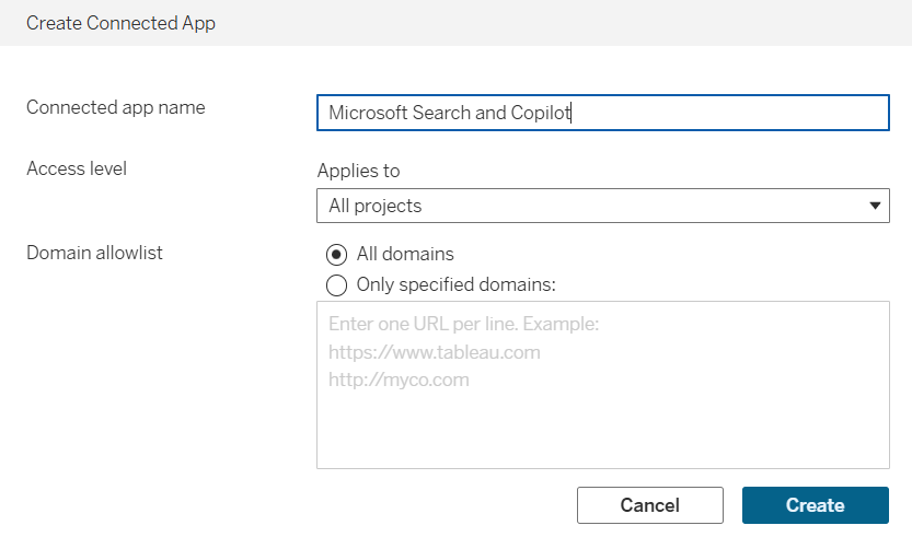 Screenshot of the Tableau connector configuration