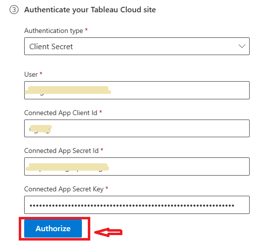 Screenshot of the Tableau connector authorization
