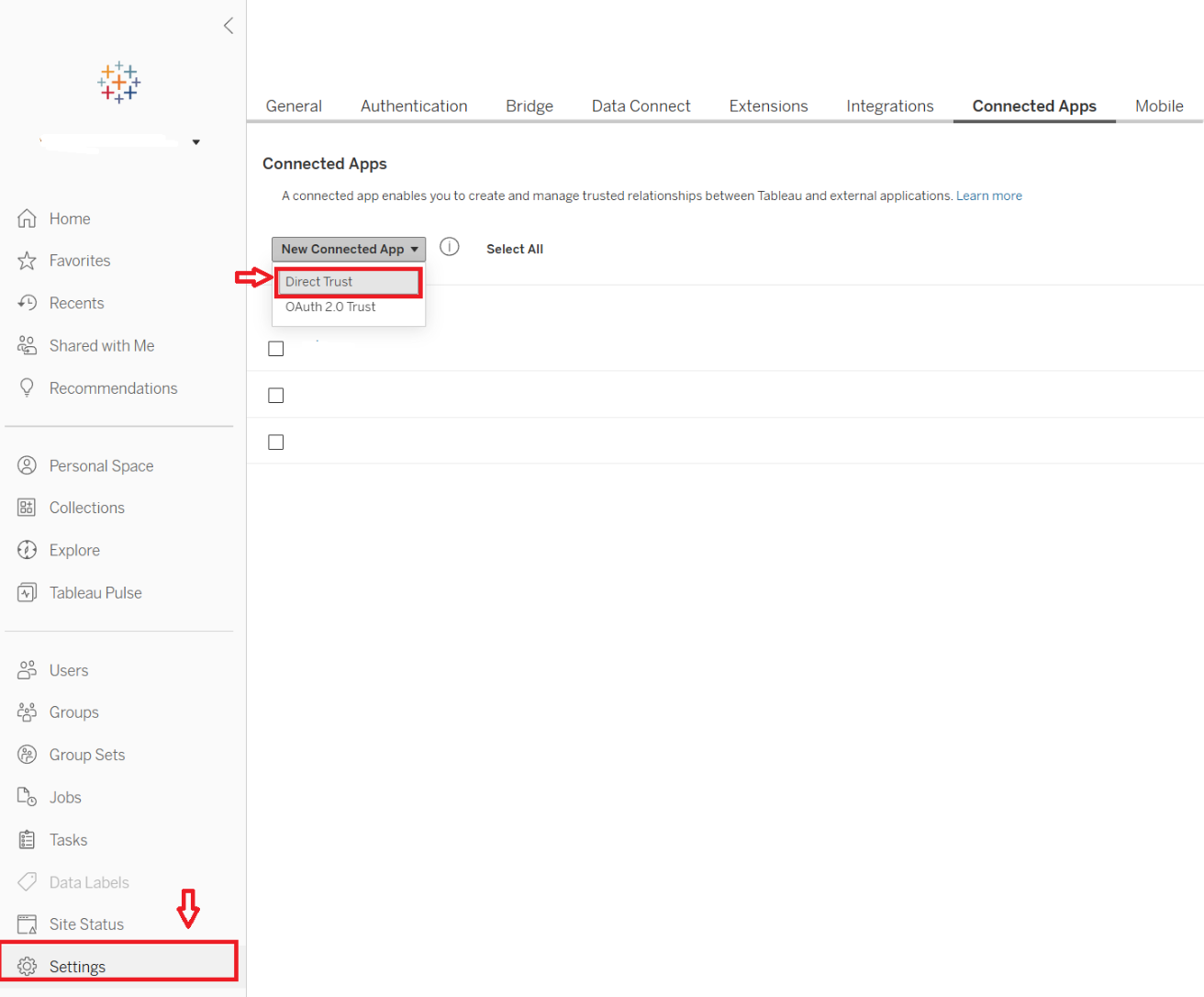 Screenshot of the Tableau connector connected apps