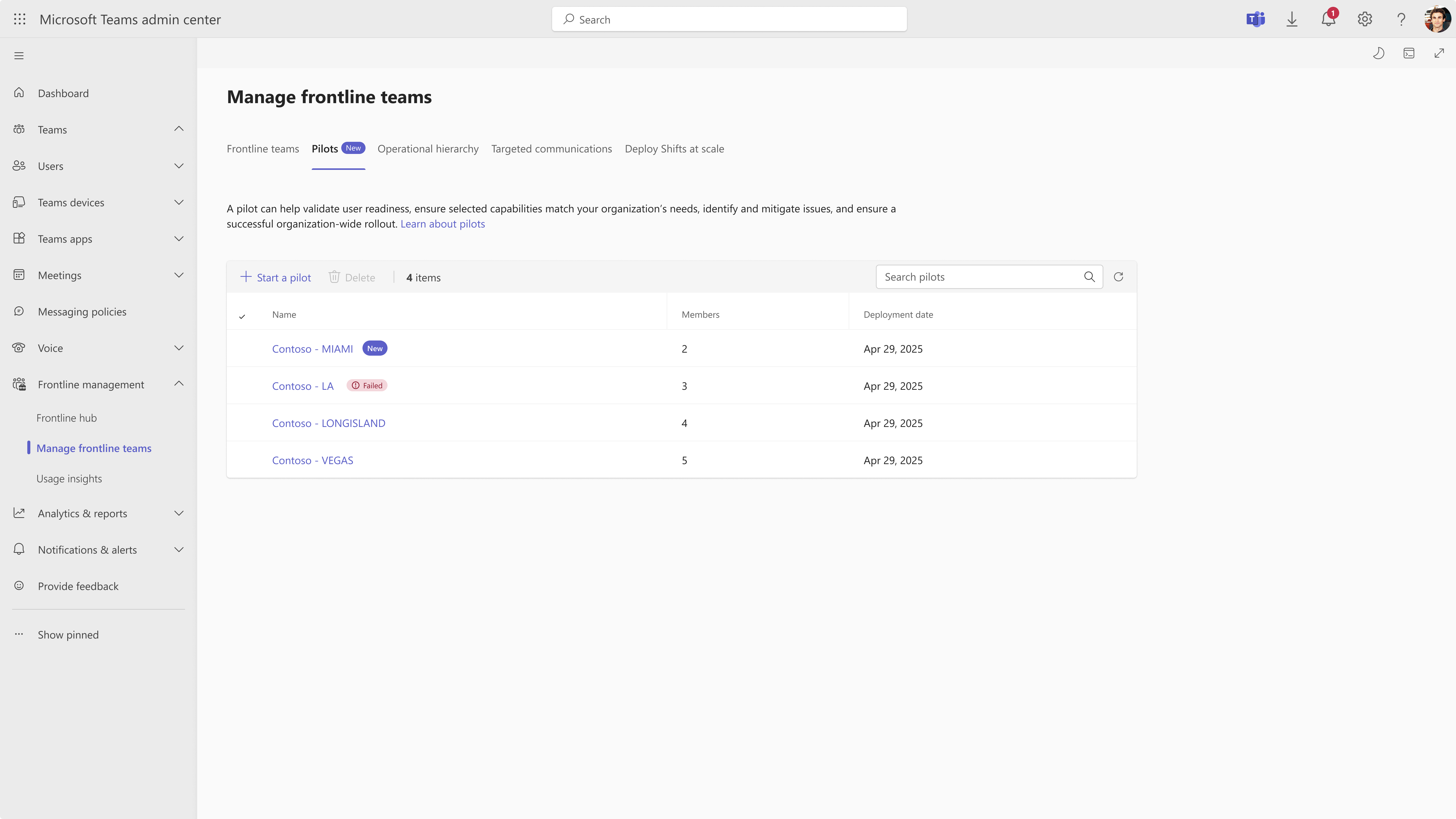 Screenshot of Manage frontline teams page to view all pilots.