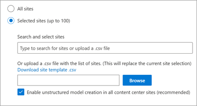 Screenshot of the site scoping settings showing the option to enable unstructured model creation in the content center.