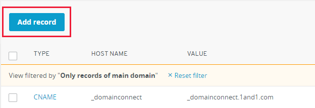 Screenshot of where you select Add record to add a domain verification TXT record.