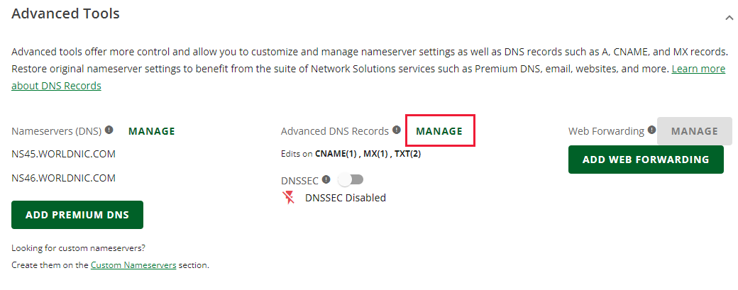 Next to Advanced DNS records, select MANAGE.