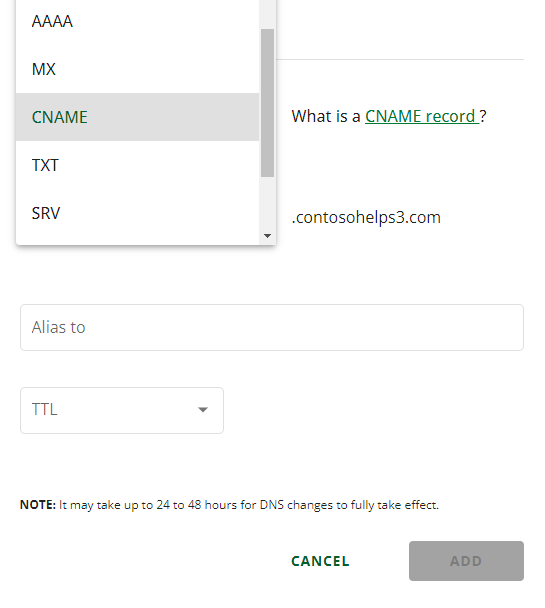 Select CNAME type from the drop-down list.