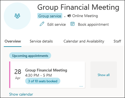 Screenshot: Owner view of group booking calendar